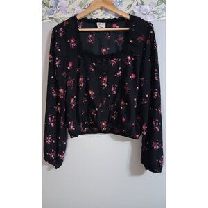 Neon Soul Black Floral L Classic Square Neck Romantic Feminine Boho Blouse